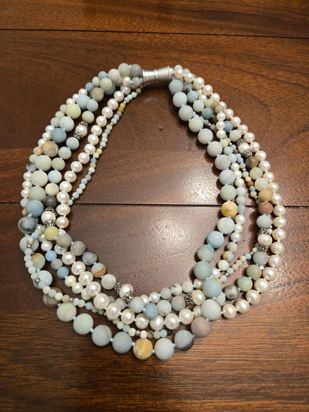 5-Strand Blue Agate and Pearl Necklace - Light Blue / Cream